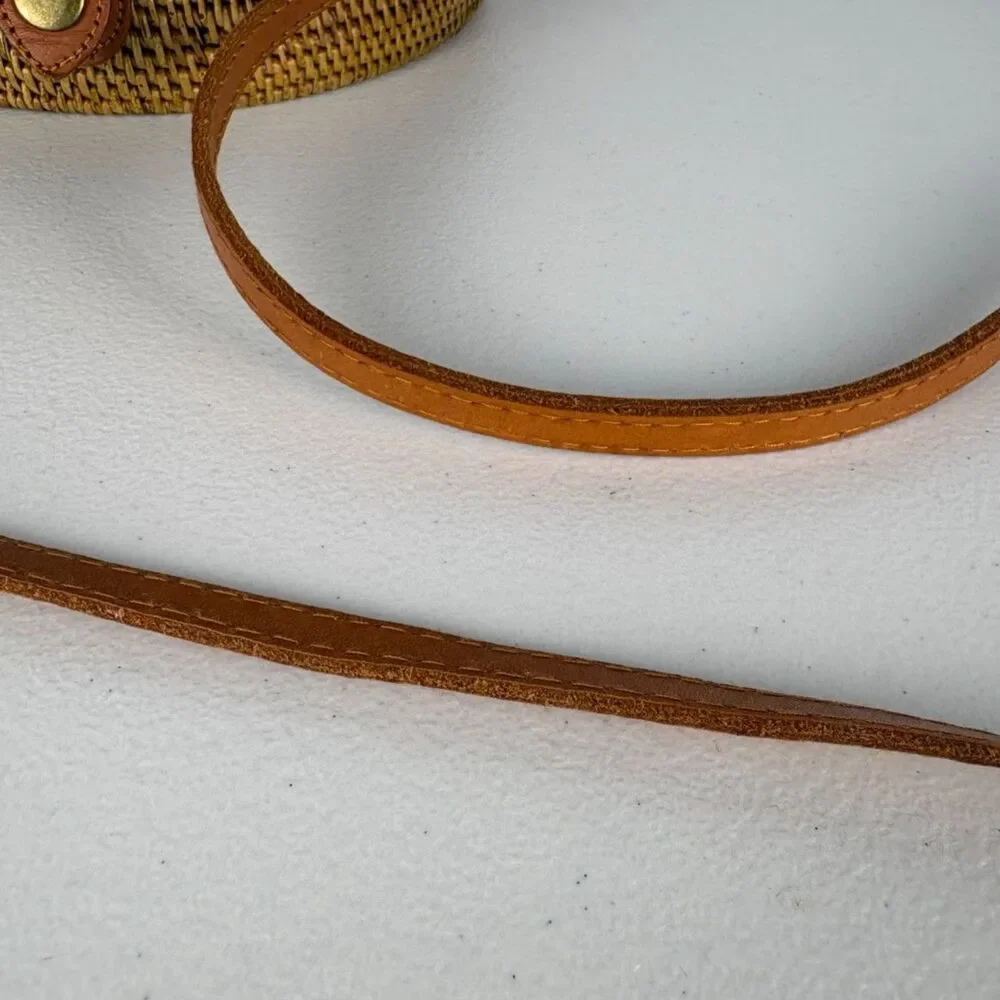 Bali Ata Grass Round Crossbody Bag Rattan Leather Batik Lined Boho Wicker Purse
